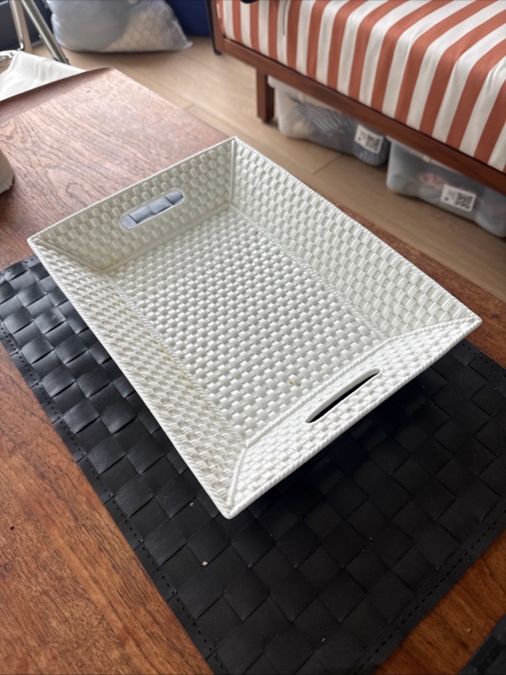 Tiffany Weave White Woven Rectangular Serving Tray 12x9